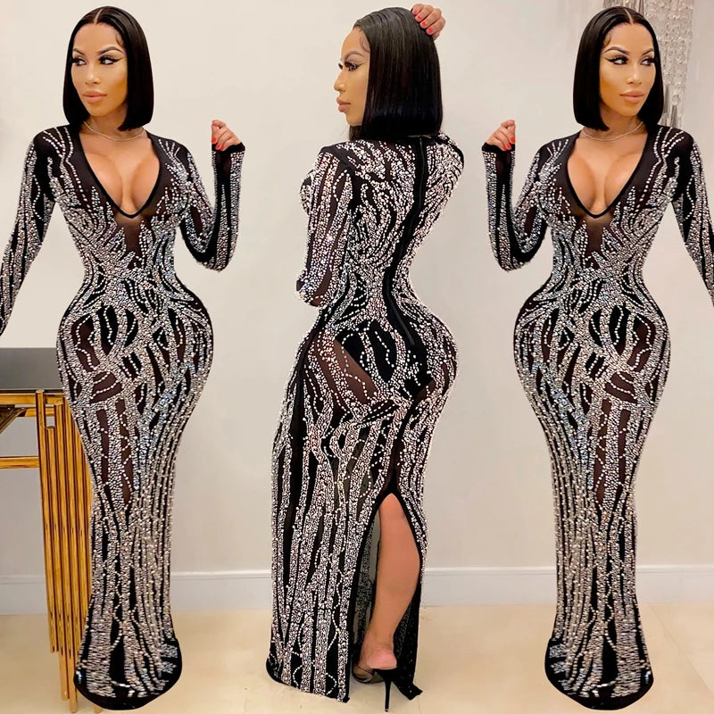 2021 Women Long Sleeve Dress Sexy Deep V Neck Hot Rhinestone Mesh See Through Midi Maxi Dress Long Hip Dress For Evening Party
